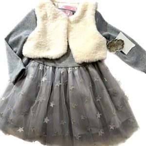 Popatu Girls Grey Silver Tulle Dress with Faux Fur Vest NWT 18M